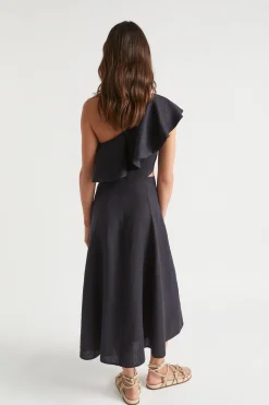 Seed Heritage Dresses-Linen Fitted One Shoulder Midi Dress Deep Navy