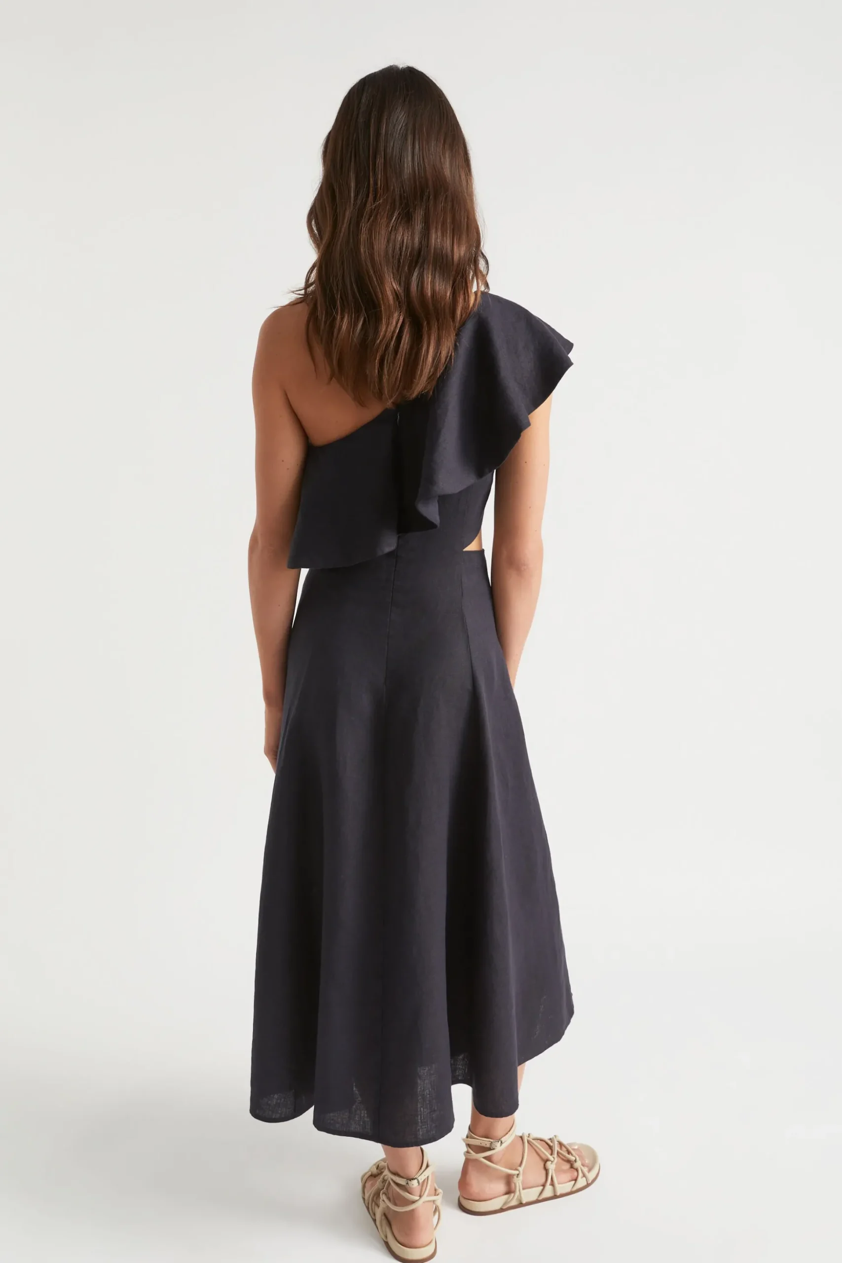 Seed Heritage Dresses-Linen Fitted One Shoulder Midi Dress Deep Navy