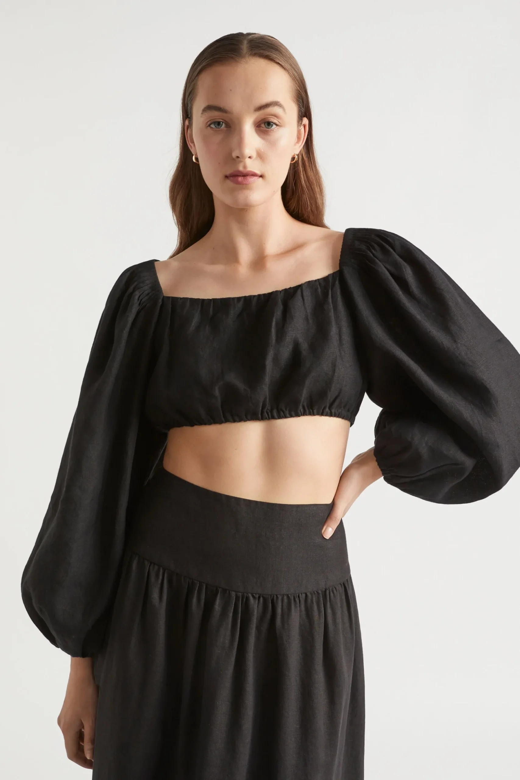 Seed Heritage T-Shirts & Tops-Linen Pintuck Detail Top Black