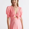 Seed Heritage Dresses-Linen Shirred Tie Front Midi Dress Pale Peony