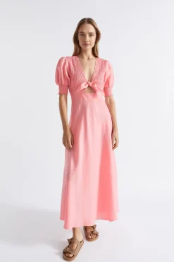 Seed Heritage Dresses-Linen Shirred Tie Front Midi Dress Pale Peony