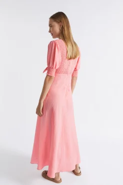 Seed Heritage Dresses-Linen Shirred Tie Front Midi Dress Pale Peony