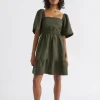 Seed Heritage Dresses-Linen Square Neck Mini Dress Dark Fern