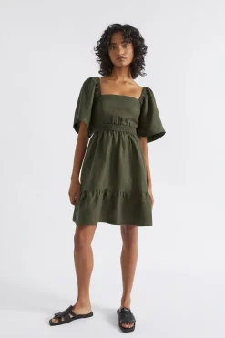 Seed Heritage Dresses-Linen Square Neck Mini Dress Dark Fern