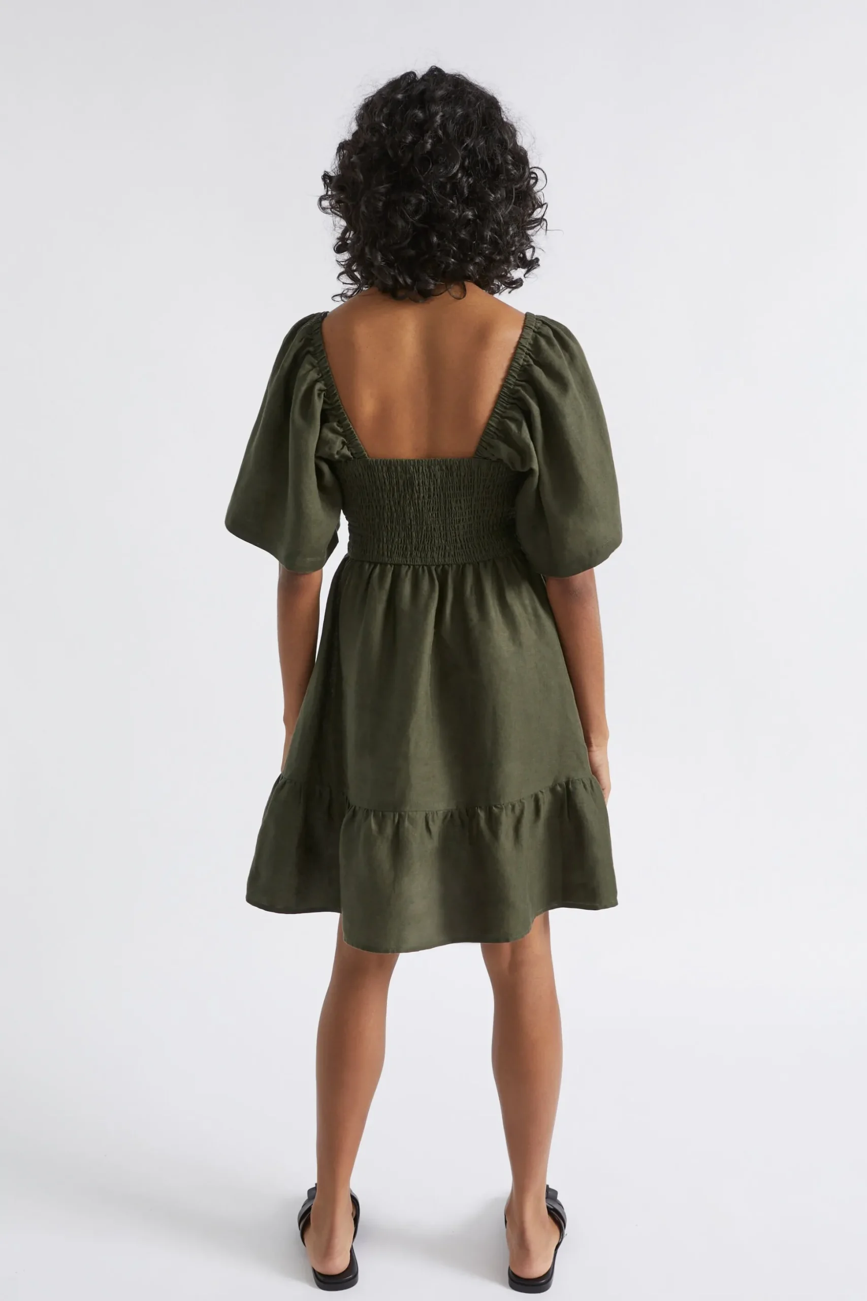 Seed Heritage Dresses-Linen Square Neck Mini Dress Dark Fern