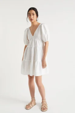 Seed Heritage Dresses-Linen Tie Back Mini Dress Whisper White