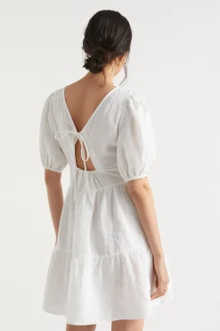 Seed Heritage Dresses-Linen Tie Back Mini Dress Whisper White