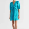 Seed Heritage Dresses-Linen Twist Front Mini Dress Peacock Blue