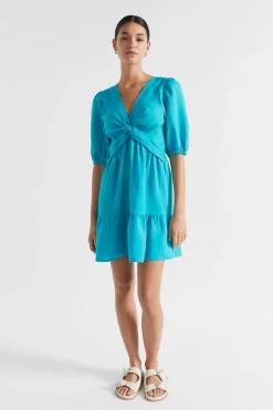 Seed Heritage Dresses-Linen Twist Front Mini Dress Peacock Blue