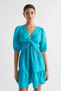 Seed Heritage Dresses-Linen Twist Front Mini Dress Peacock Blue