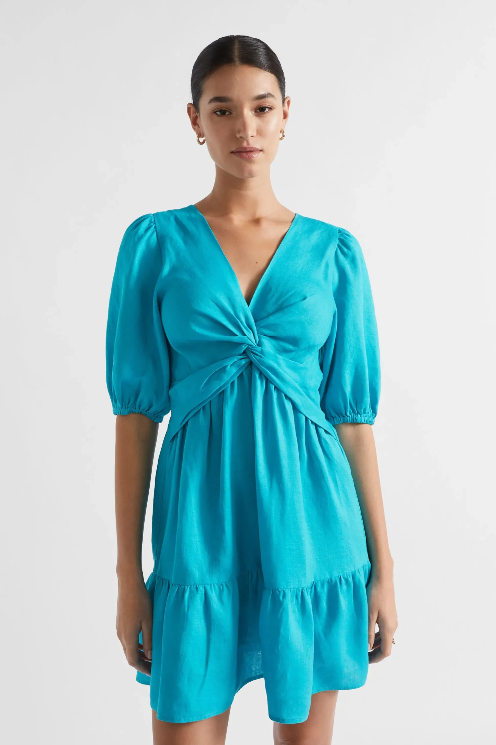Seed Heritage Dresses-Linen Twist Front Mini Dress Peacock Blue