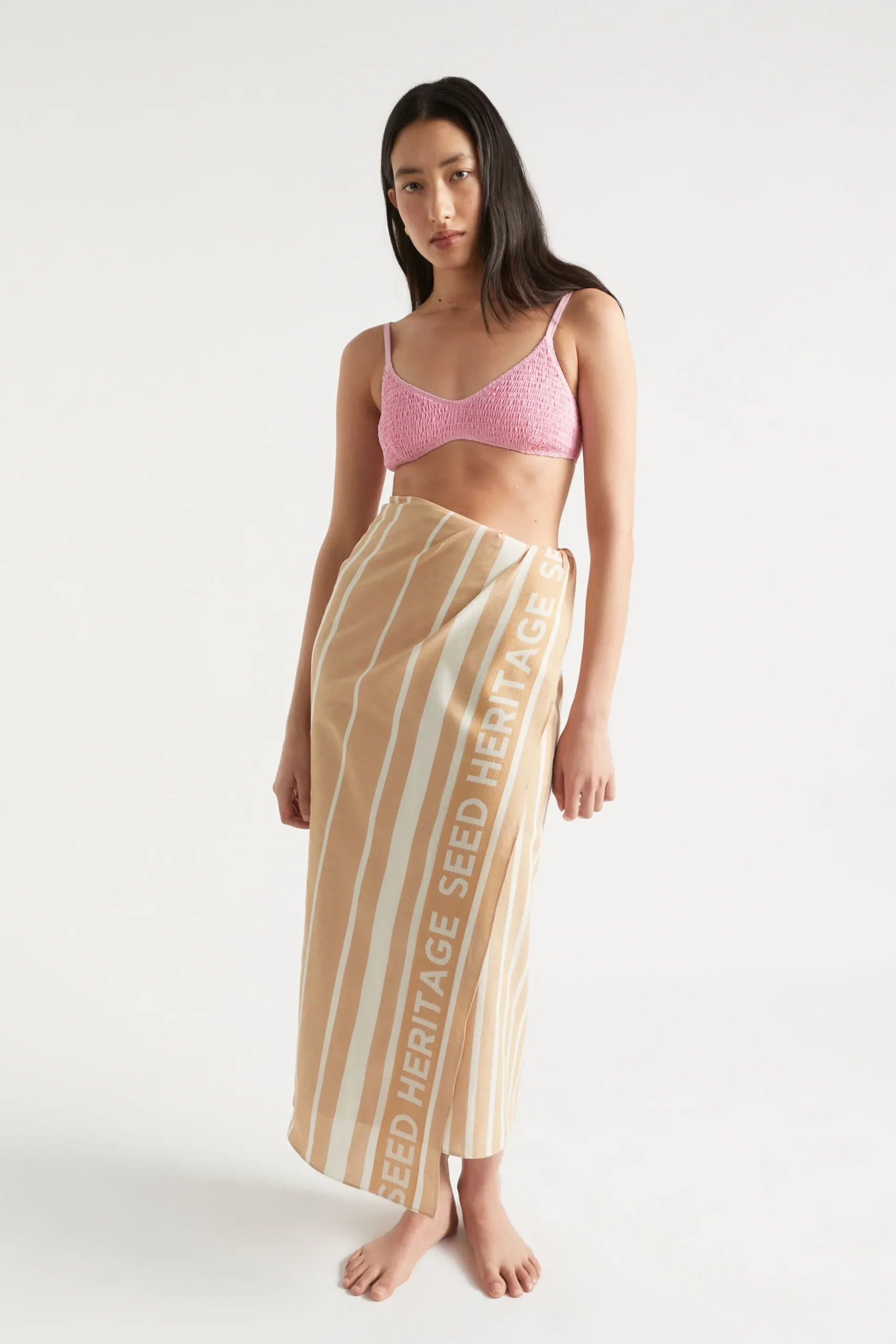Seed Heritage Scarves & Kaftans-Logo Stripe Beach Wrap Chestnut Stripe
