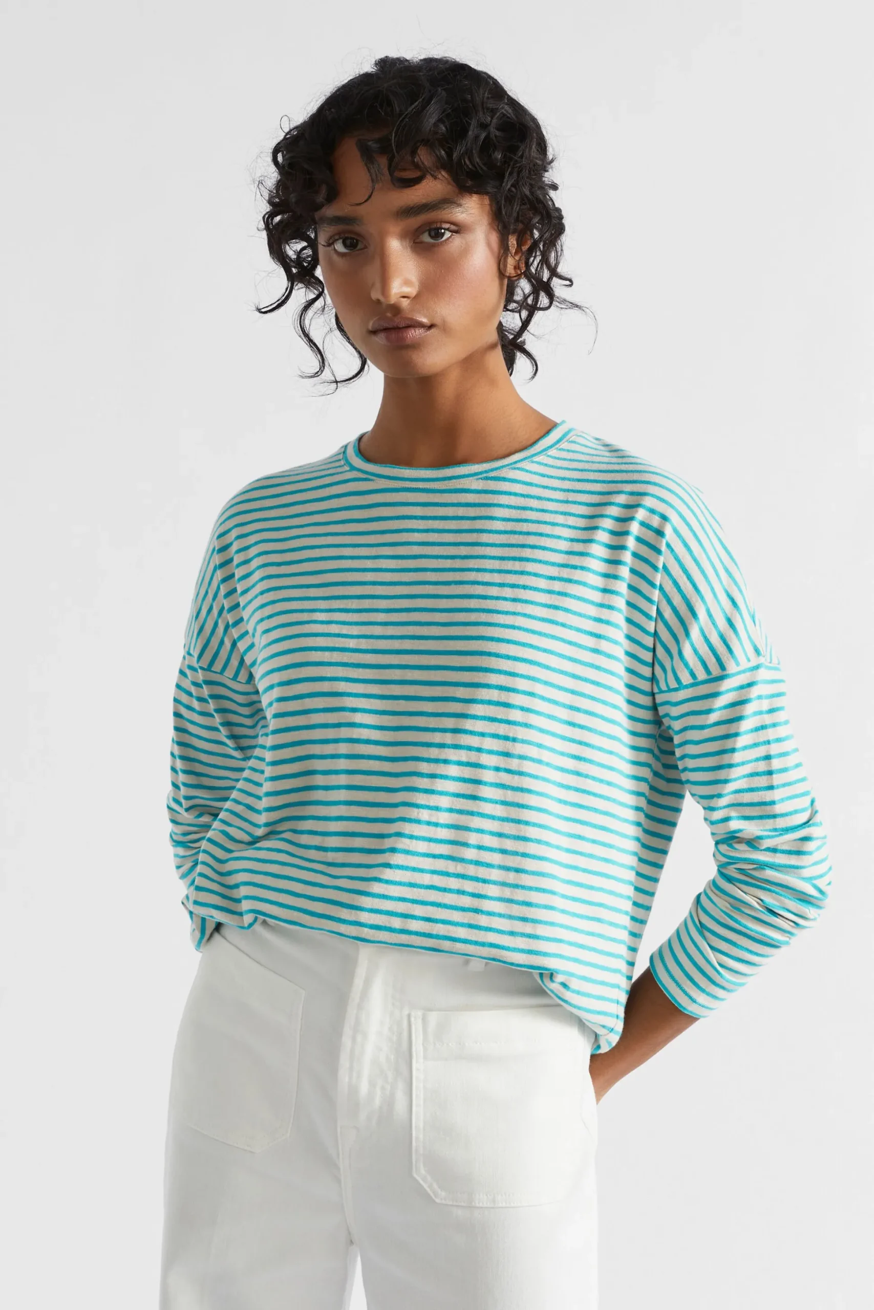 Seed Heritage T-Shirts & Tops-Long Sleeve Stripe Top Peacock Vanilla Stripe