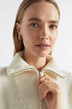 Seed Heritage Knitwear & Sweaters-Merino Wool Zip Through Knit Cloud Cream