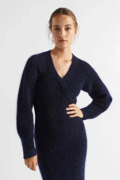 Seed Heritage Knitwear & Sweaters-Mohair Cross Front Knit Midi Dress Midnight Sky