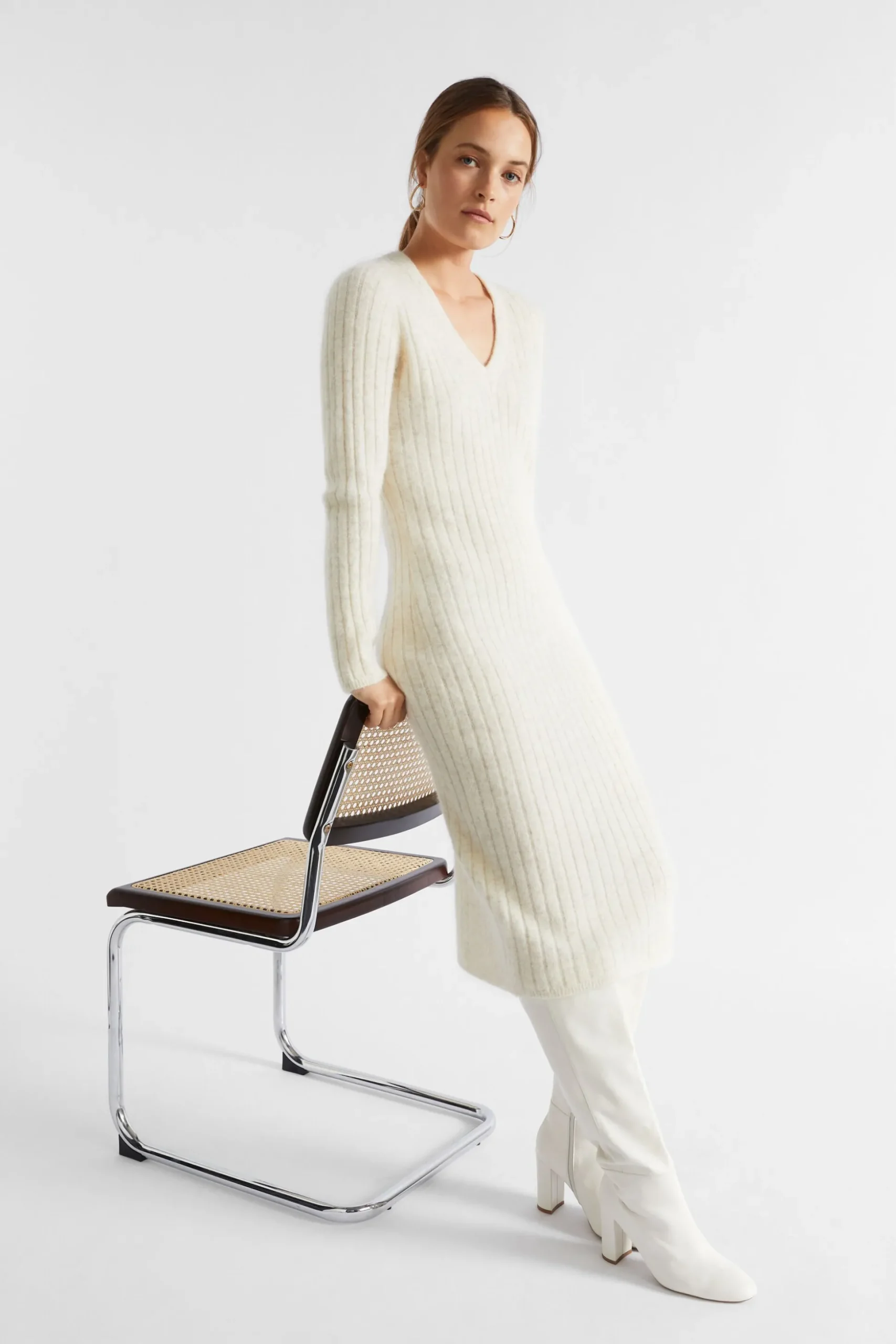 Seed Heritage Knitwear & Sweaters-Mohair V Neck Knit Midi Dress Vanilla Cream Marle