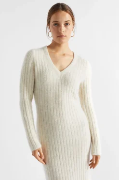 Seed Heritage Knitwear & Sweaters-Mohair V Neck Knit Midi Dress Vanilla Cream Marle