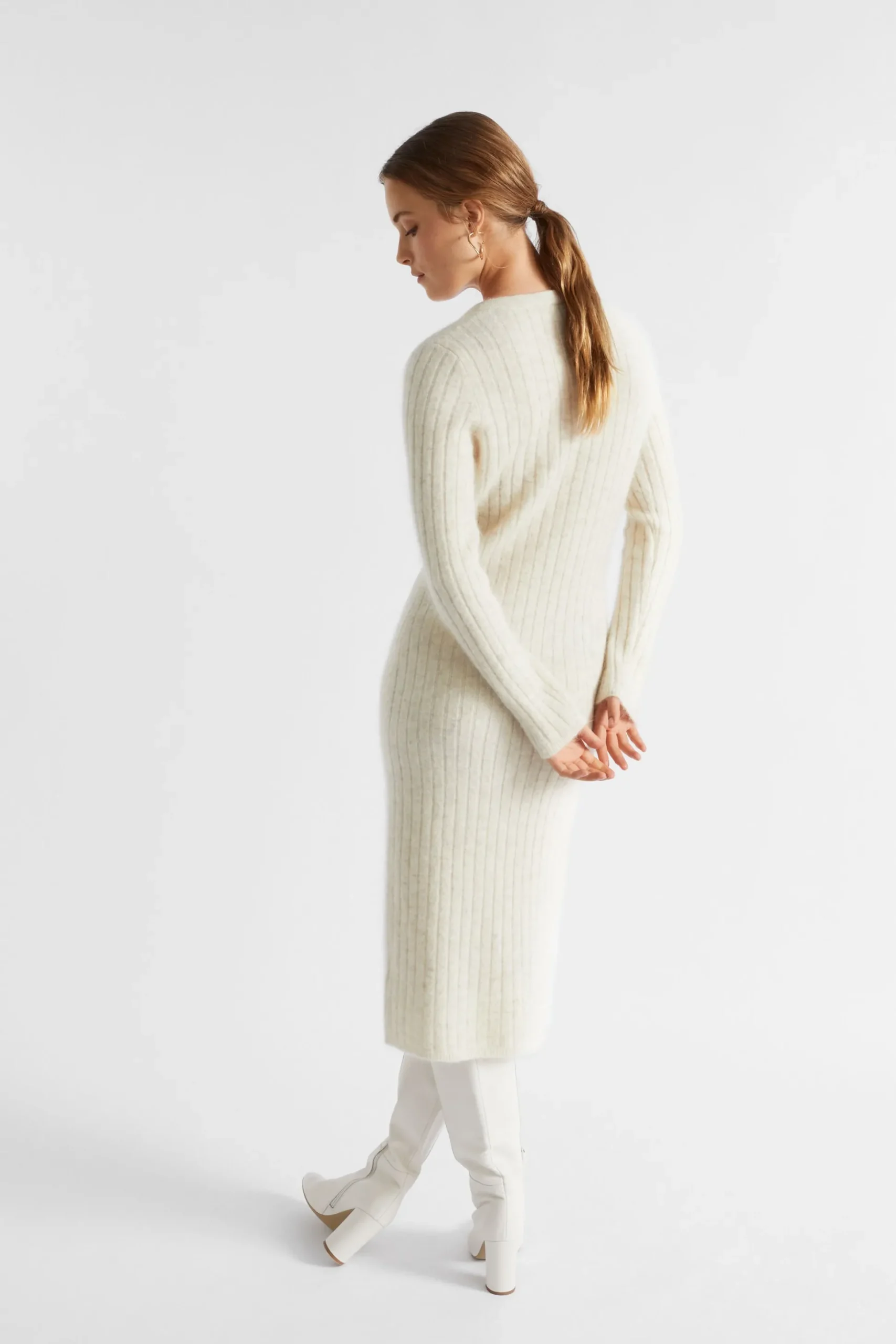Seed Heritage Knitwear & Sweaters-Mohair V Neck Knit Midi Dress Vanilla Cream Marle