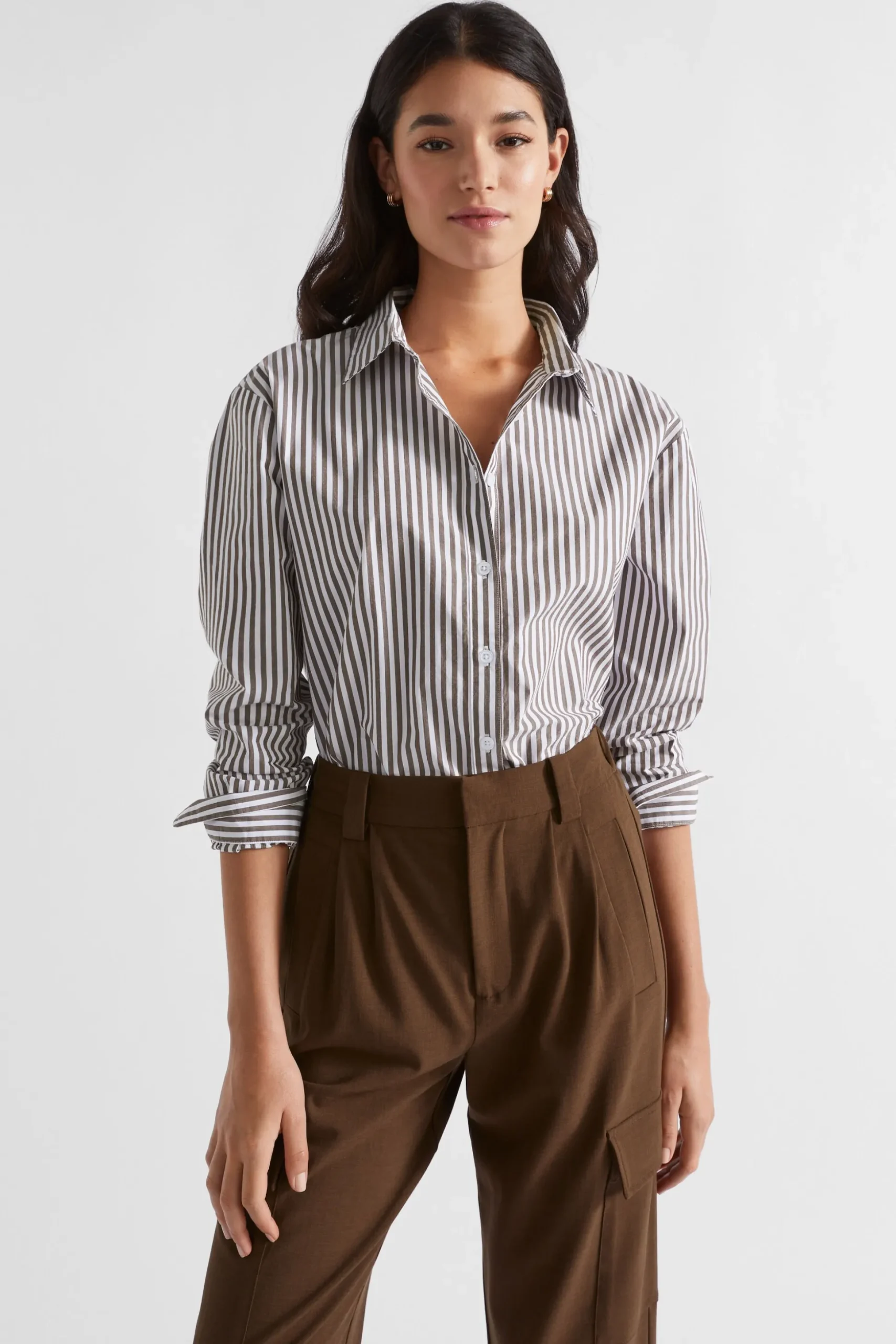 Seed Heritage T-Shirts & Tops-Poplin Button Down Shirt Hot Chocolate Stripe