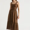 Seed Heritage Skirts-Poplin Button Front Midi Skirt Pecan Brown