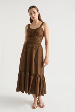 Seed Heritage Skirts-Poplin Button Front Midi Skirt Pecan Brown