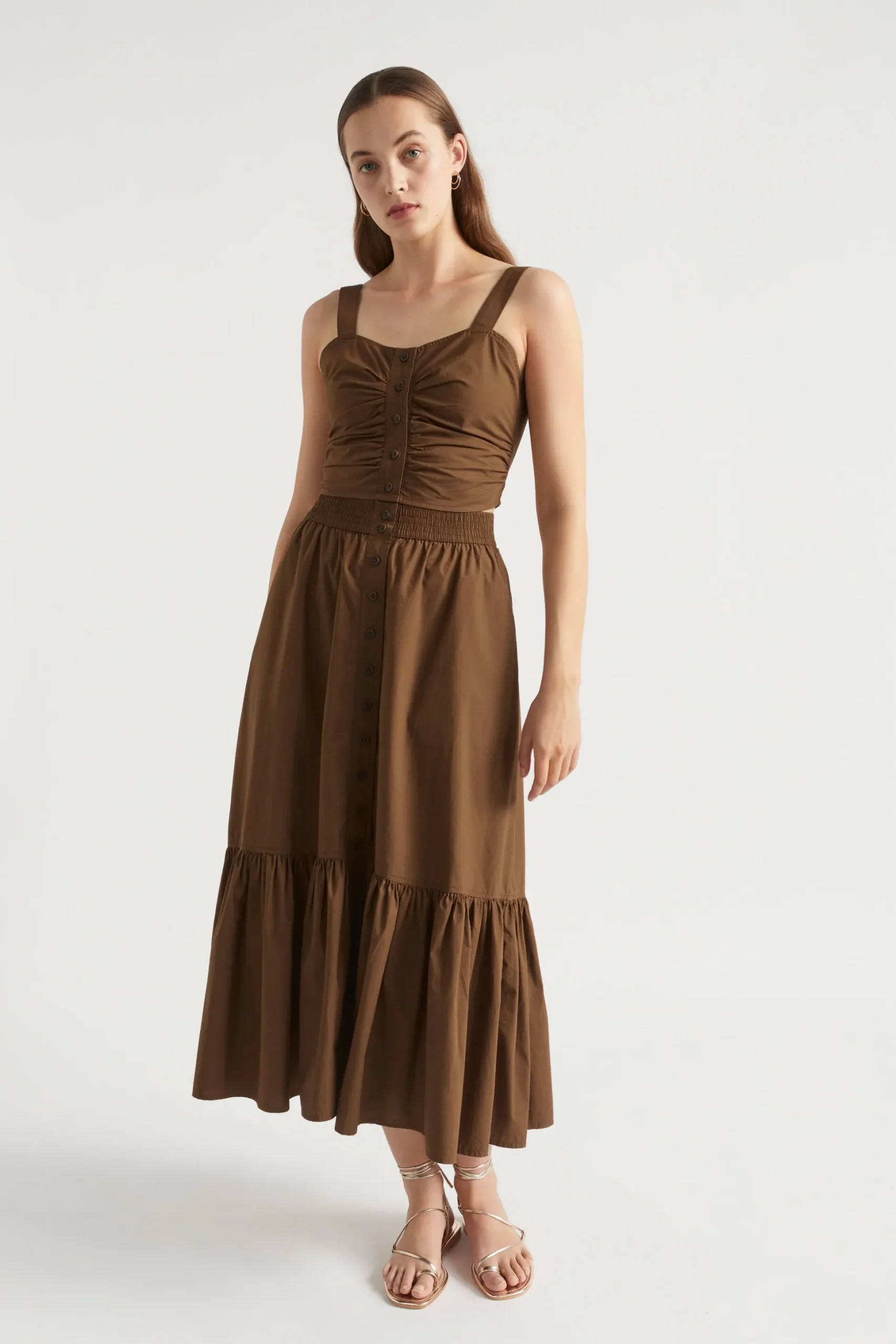 Seed Heritage Skirts-Poplin Button Front Midi Skirt Pecan Brown