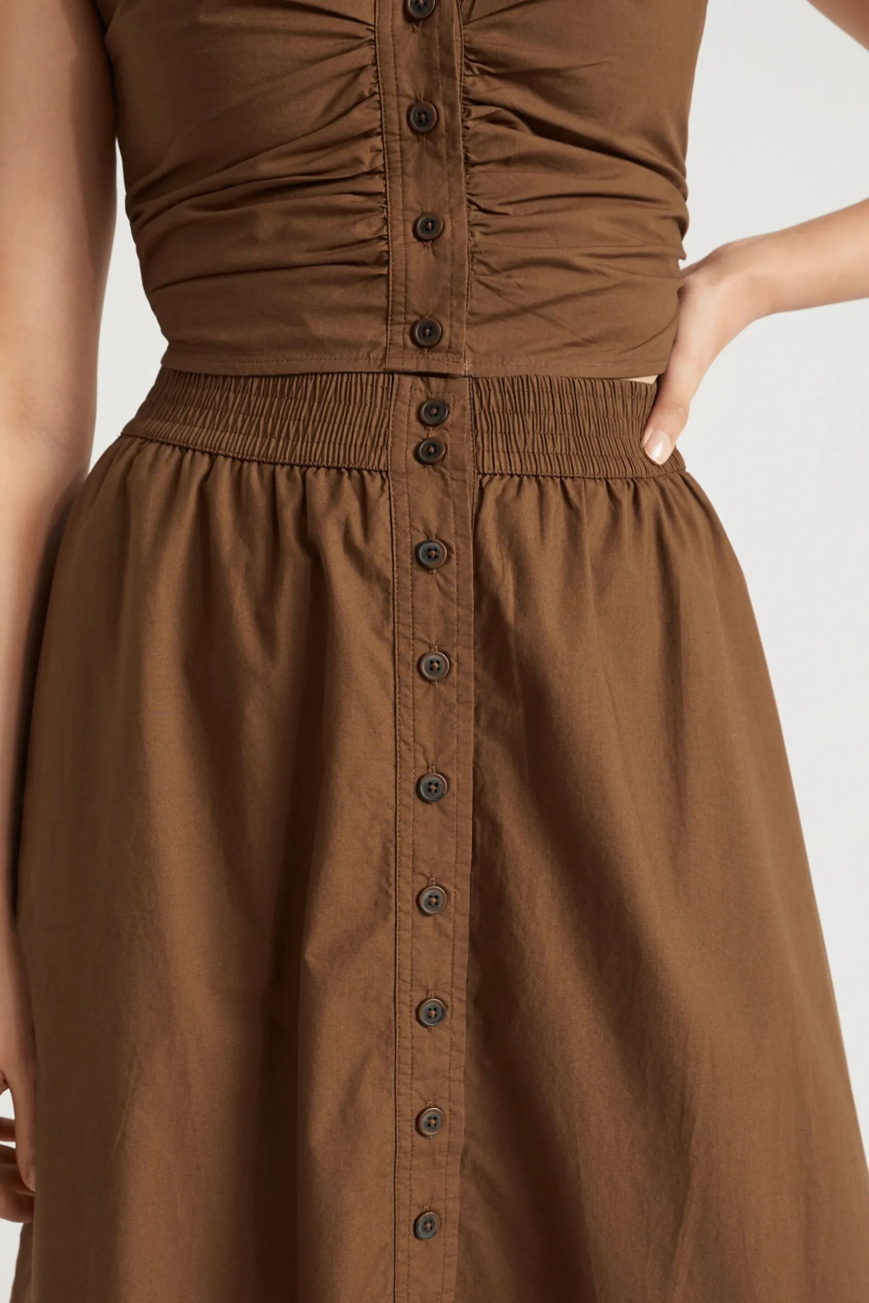Seed Heritage Skirts-Poplin Button Front Midi Skirt Pecan Brown