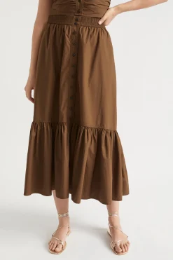 Seed Heritage Skirts-Poplin Button Front Midi Skirt Pecan Brown
