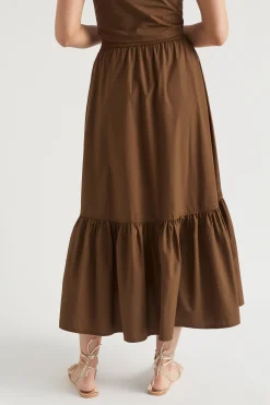 Seed Heritage Skirts-Poplin Button Front Midi Skirt Pecan Brown
