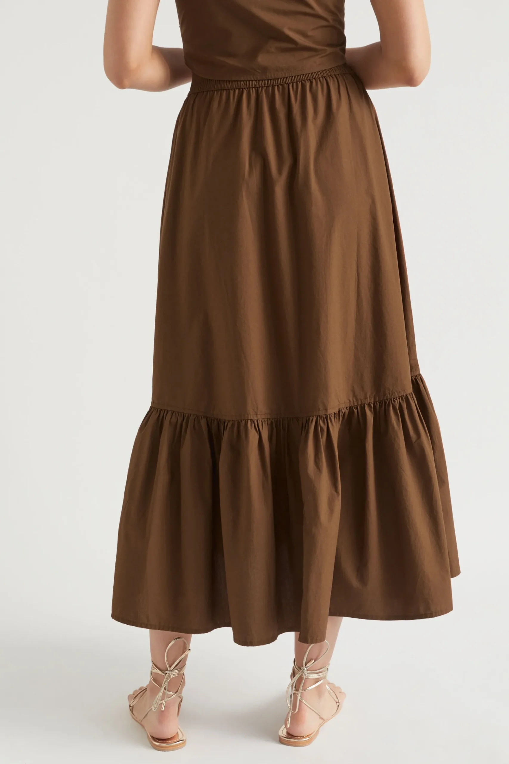 Seed Heritage Skirts-Poplin Button Front Midi Skirt Pecan Brown