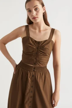 Seed Heritage T-Shirts & Tops-Poplin Button Through Top Pecan Brown