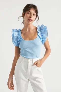 Seed Heritage T-Shirts & Tops-Poplin Ruffle Detail Tank Bluebell