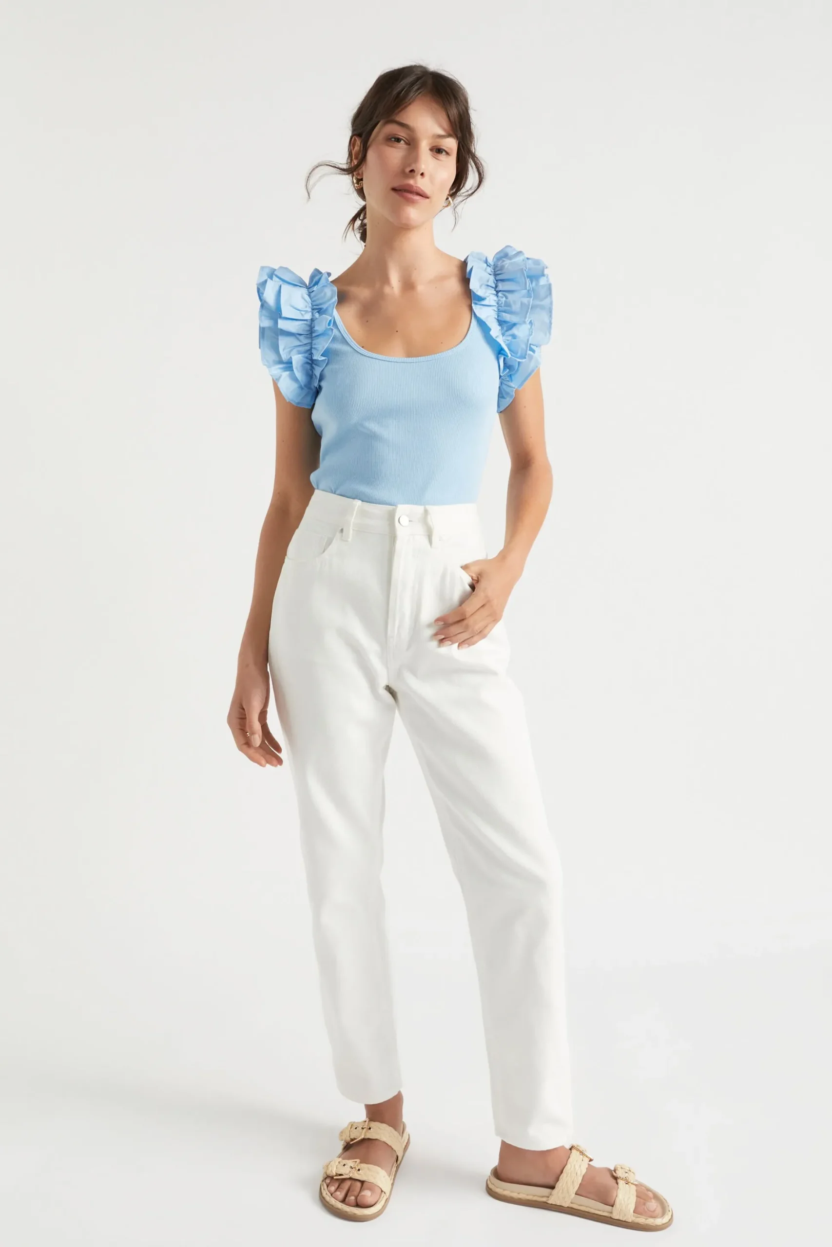 Seed Heritage T-Shirts & Tops-Poplin Ruffle Detail Tank Bluebell