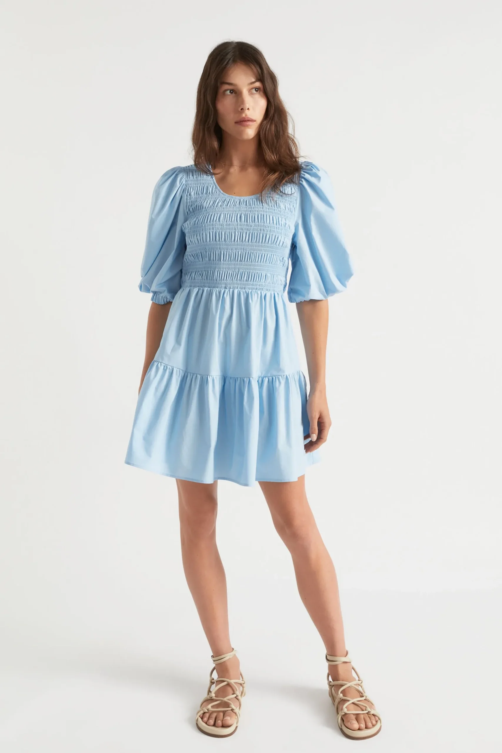 Seed Heritage Dresses-Poplin Shirred Mini Dress Bluebell