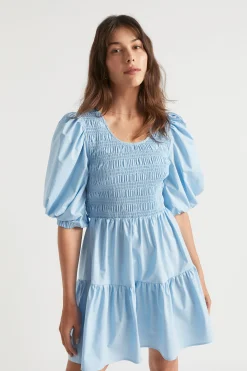 Seed Heritage Dresses-Poplin Shirred Mini Dress Bluebell
