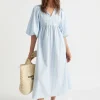 Seed Heritage Dresses-Poplin Stripe Pleat Detail Midi Dress Bluebell Stripe