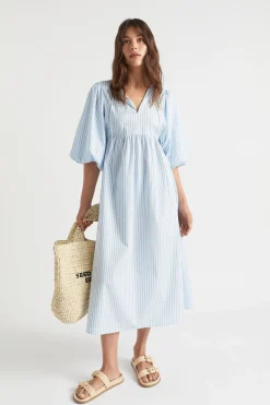 Seed Heritage Dresses-Poplin Stripe Pleat Detail Midi Dress Bluebell Stripe