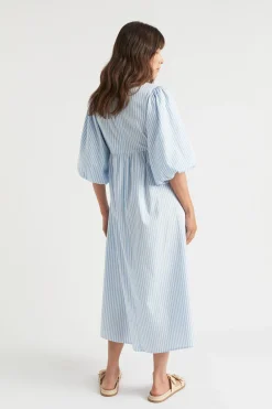 Seed Heritage Dresses-Poplin Stripe Pleat Detail Midi Dress Bluebell Stripe