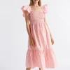 Seed Heritage Dresses-Poplin Stripe Shirred Midi Dress Primrose Stripe