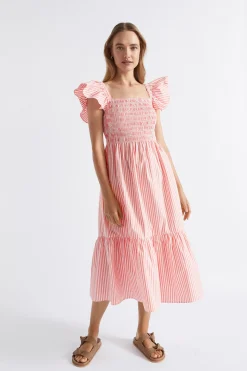 Seed Heritage Dresses-Poplin Stripe Shirred Midi Dress Primrose Stripe