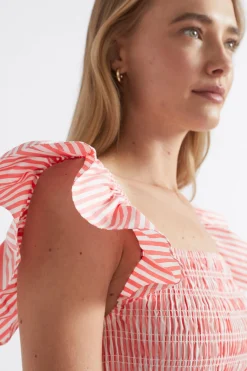 Seed Heritage Dresses-Poplin Stripe Shirred Midi Dress Primrose Stripe