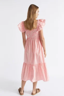 Seed Heritage Dresses-Poplin Stripe Shirred Midi Dress Primrose Stripe