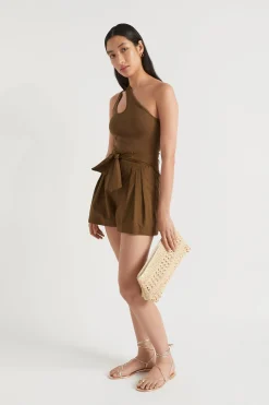 Seed Heritage Shorts-Poplin Tie Front Short Pecan Brown
