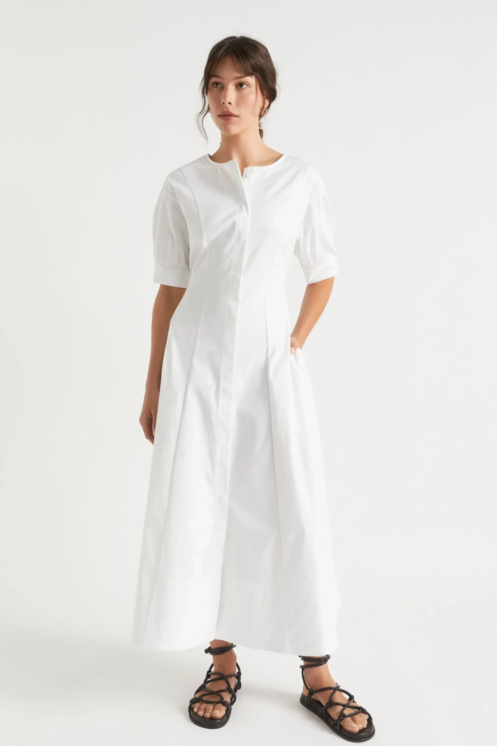 Seed Heritage Dresses-Sateen Full Hem Midi Dress Whisper White
