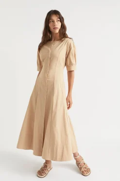 Seed Heritage Dresses-Sateen Full Hem Midi Dress Light Chestnut