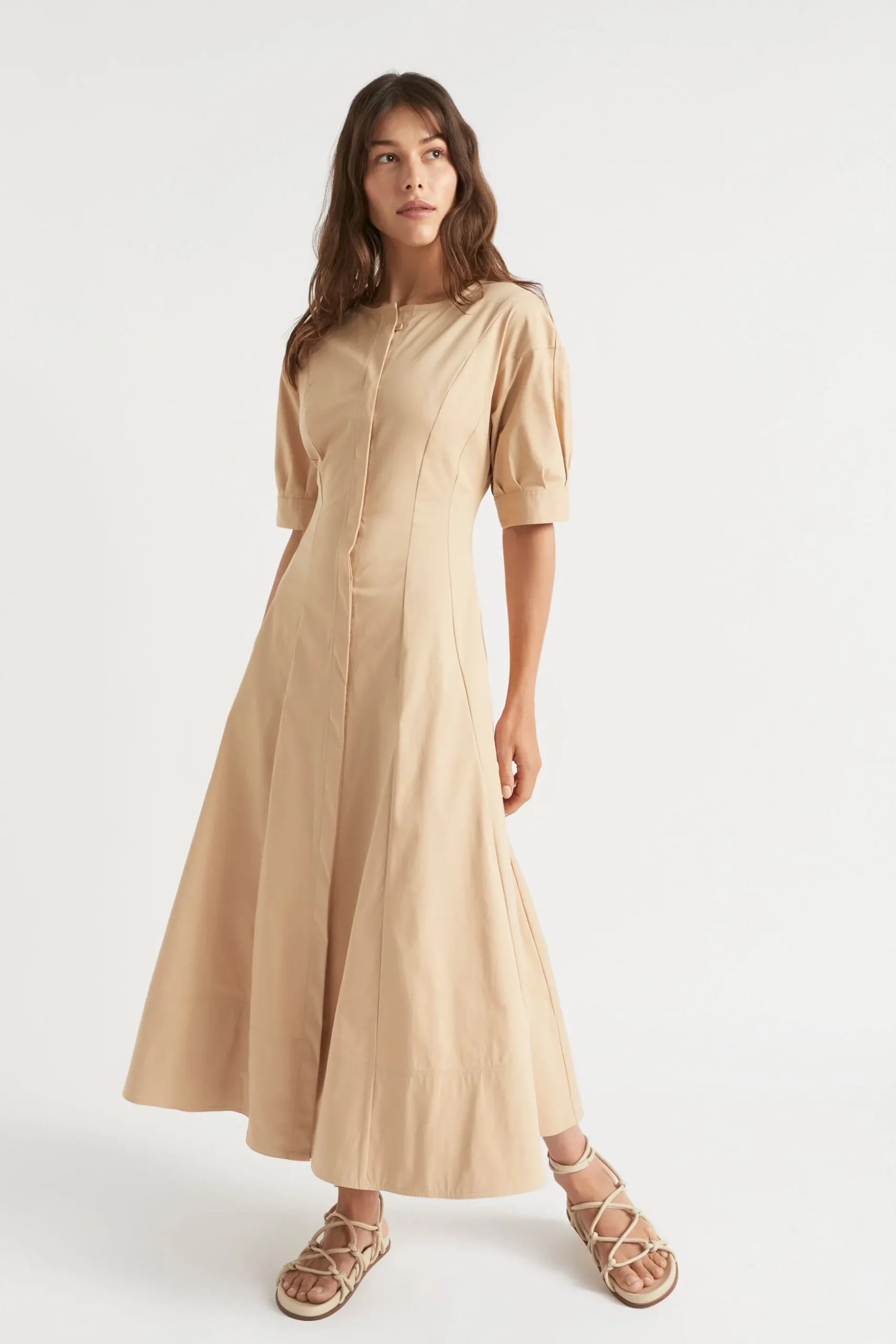 Seed Heritage Dresses-Sateen Full Hem Midi Dress Light Chestnut
