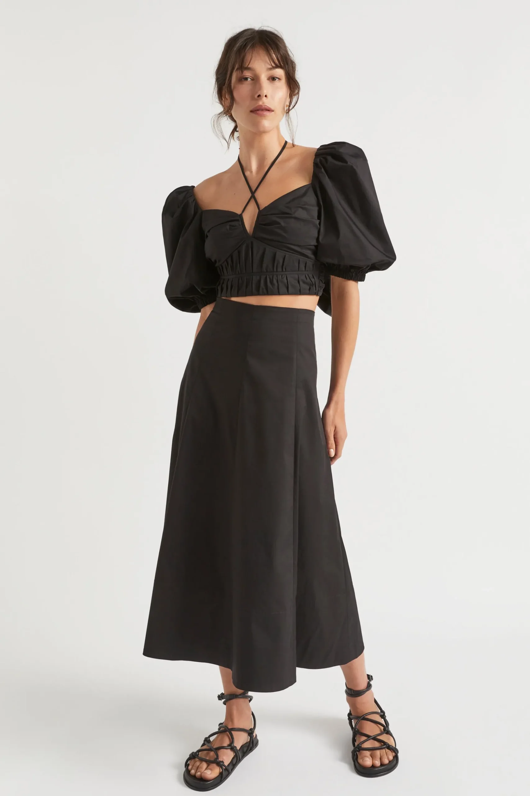 Seed Heritage Skirts-Sateen Panel Midi Skirt Black
