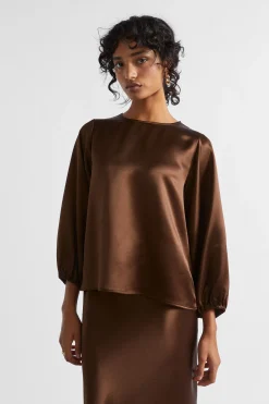 Seed Heritage T-Shirts & Tops-Satin Balloon Sleeve Top Hot Chocolate