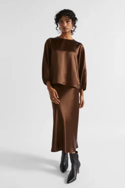 Seed Heritage T-Shirts & Tops-Satin Balloon Sleeve Top Hot Chocolate