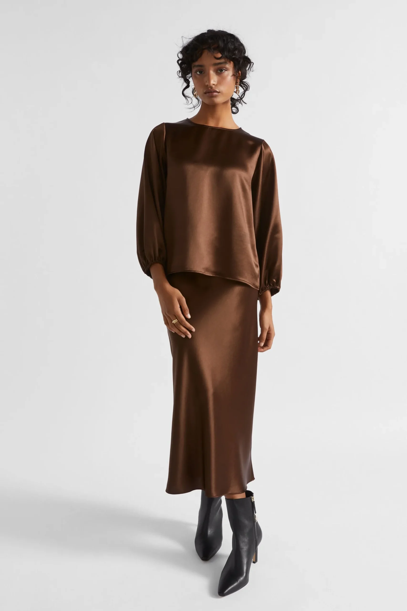 Seed Heritage T-Shirts & Tops-Satin Balloon Sleeve Top Hot Chocolate